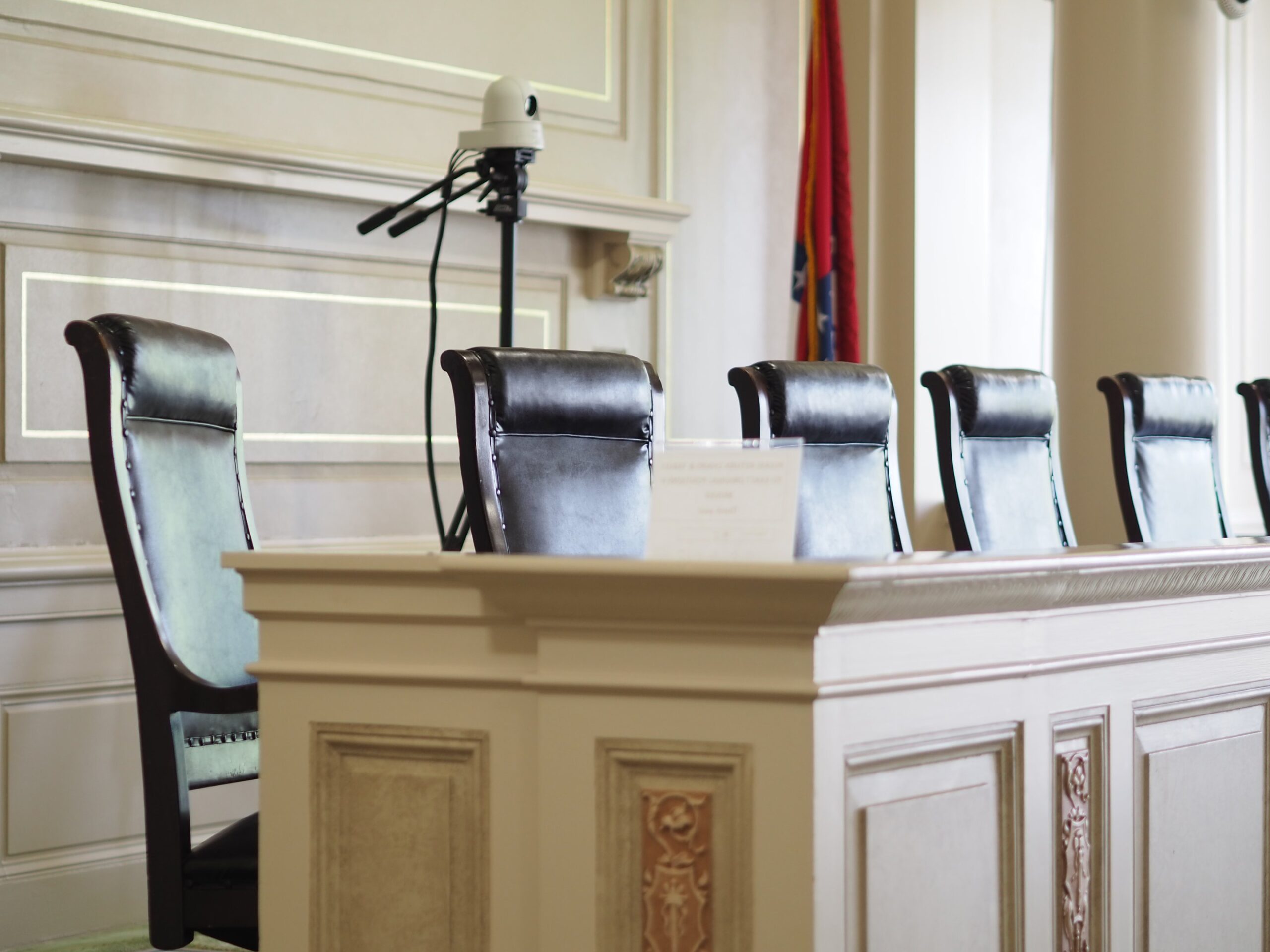 Arkansas Historic Supreme Court seats sit empty. This courthouse was established in 1836.