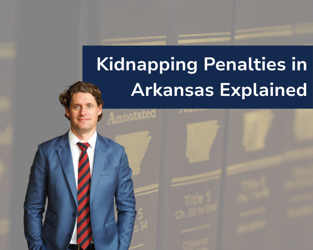 Criminal attorney Kale Ludwig in blue suit with red tie in the foreground, close-up of the Arkansas Code Annotated in the background.