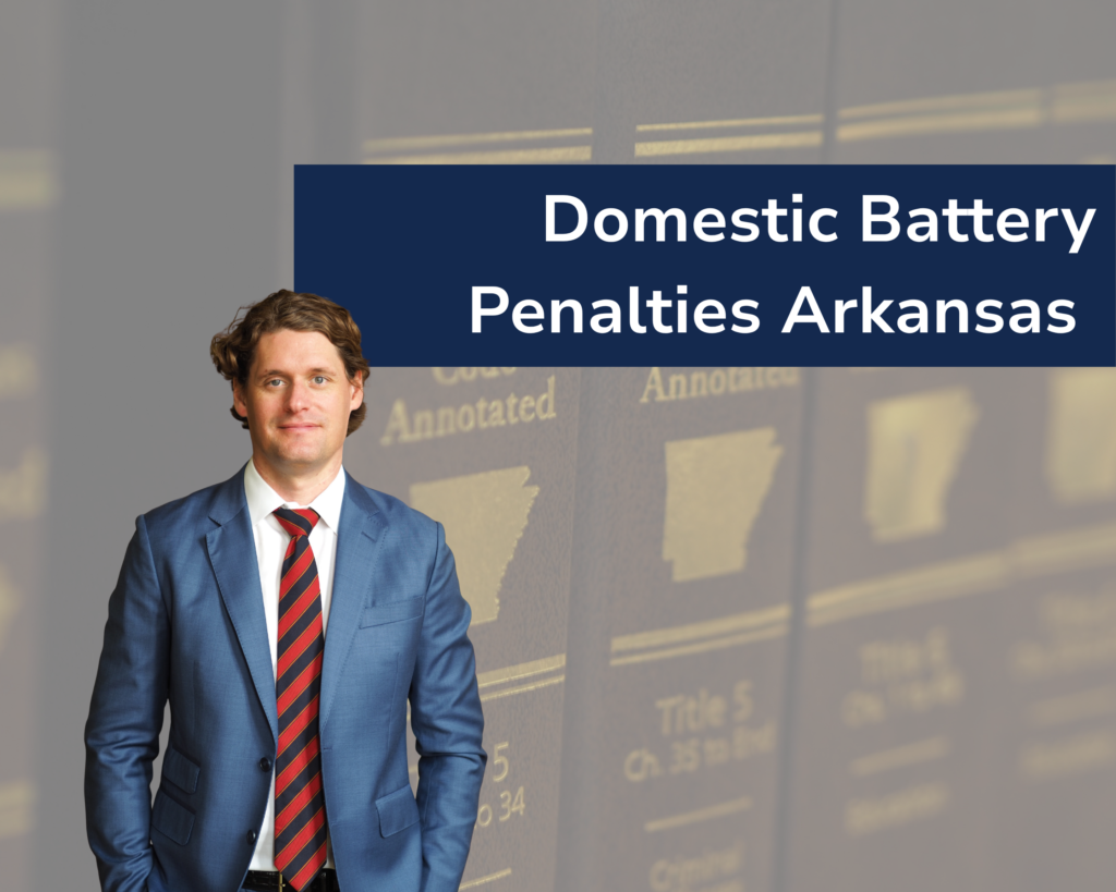 Criminal attorney Kale Ludwig in blue suit with red tie in the foreground, close-up of the Arkansas Code Annotated in the background.